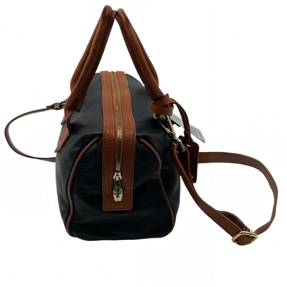 Valentina Pebbled Italian Leather Satchel Bag Navy Tan Top Handle Crossbody - Picture 3 of 14